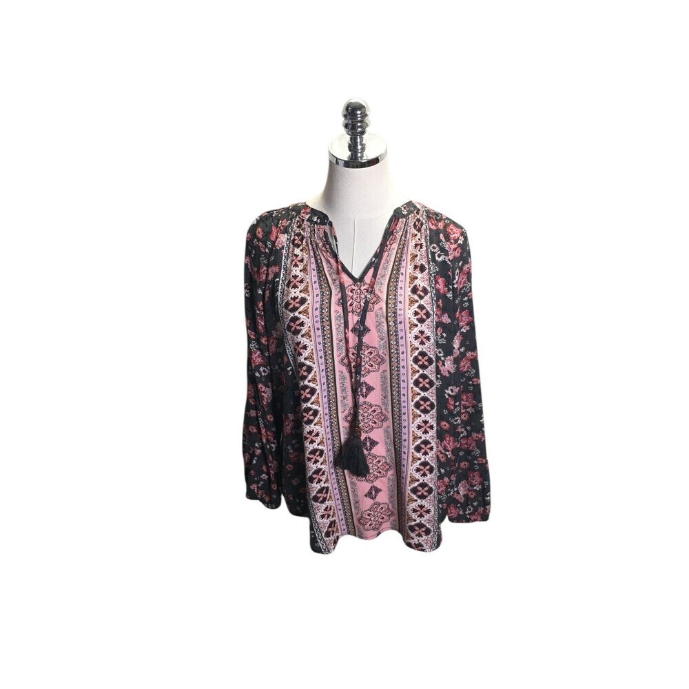 Mason & Belle Top Women's Size Small Gray Pink Floral Drawstring V-Neck